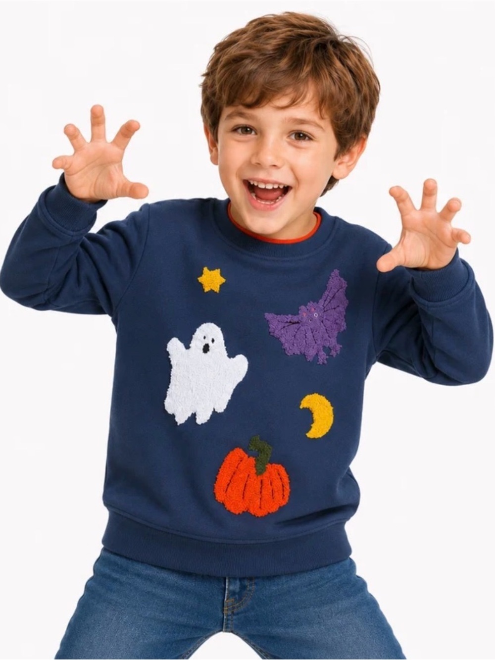Mini Boden Navy Sweatshirt with White Ghost, Orange Pumpkin & Purple Bat